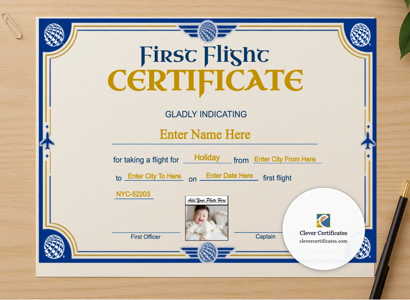 Professional preview of United Airlines Baby First Flight Certificate Landscape certificate on high-quality stationery paper, ideal for showcasing the final look.
