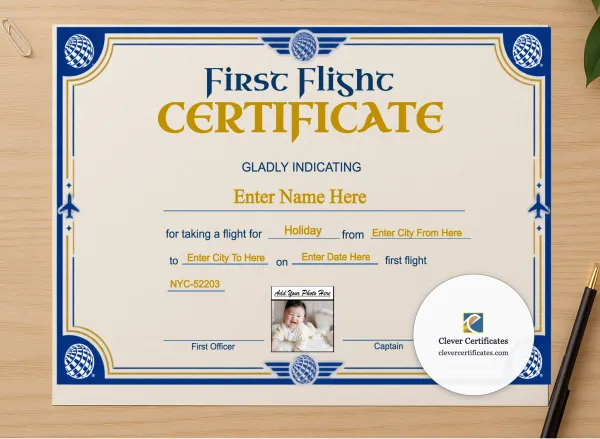 Professional preview of United Airlines Baby First Flight Certificate Landscape certificate on high-quality stationery paper, ideal for showcasing the final look.