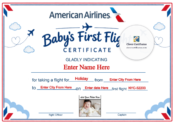 American Airlines Baby First Flight Certificate — Landscape
