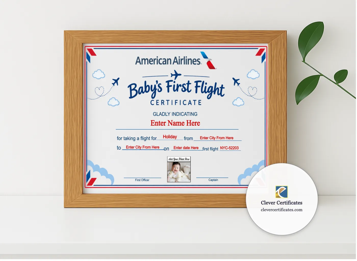 Realistic mockup featuring American Airlines Baby First Flight Certificate Landscape displayed within a modern frame, set against a minimalistic background.