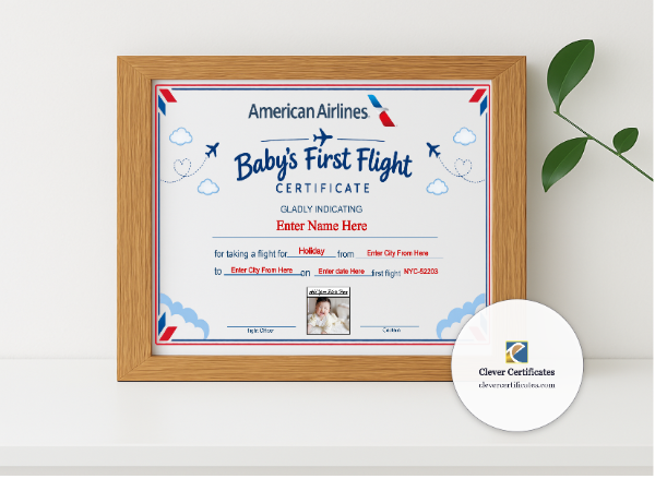 Realistic mockup featuring American Airlines Baby First Flight Certificate Landscape displayed within a modern frame, set against a minimalistic background.