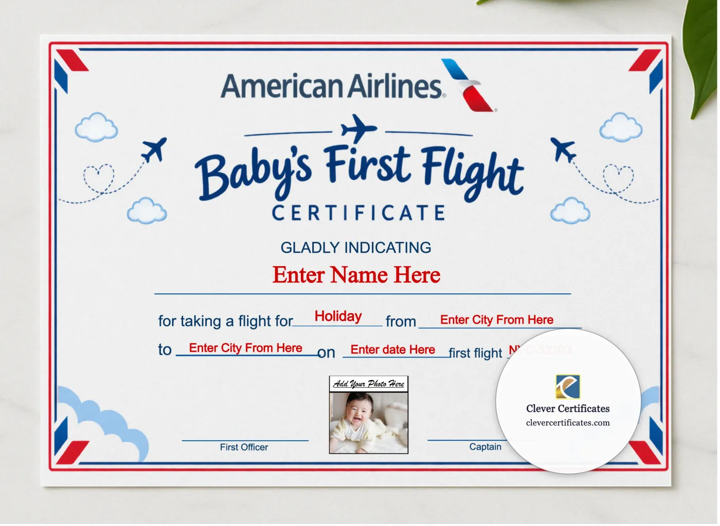 American Airlines Baby First Flight Certificate Landscape presented in a sleek wooden frame, elegantly arranged on a stylish table.