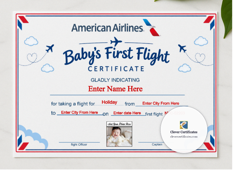 American Airlines Baby First Flight Certificate Landscape presented in a sleek wooden frame, elegantly arranged on a stylish table.
