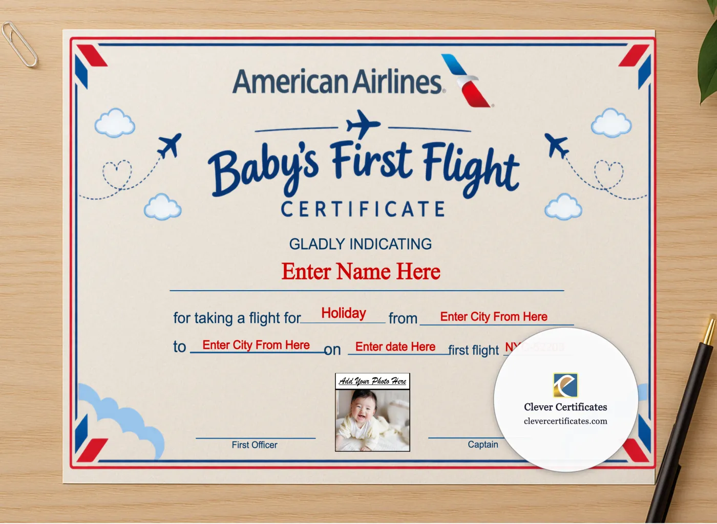 Professional preview of American Airlines Baby First Flight Certificate Landscape certificate on high-quality stationery paper, ideal for showcasing the final look.