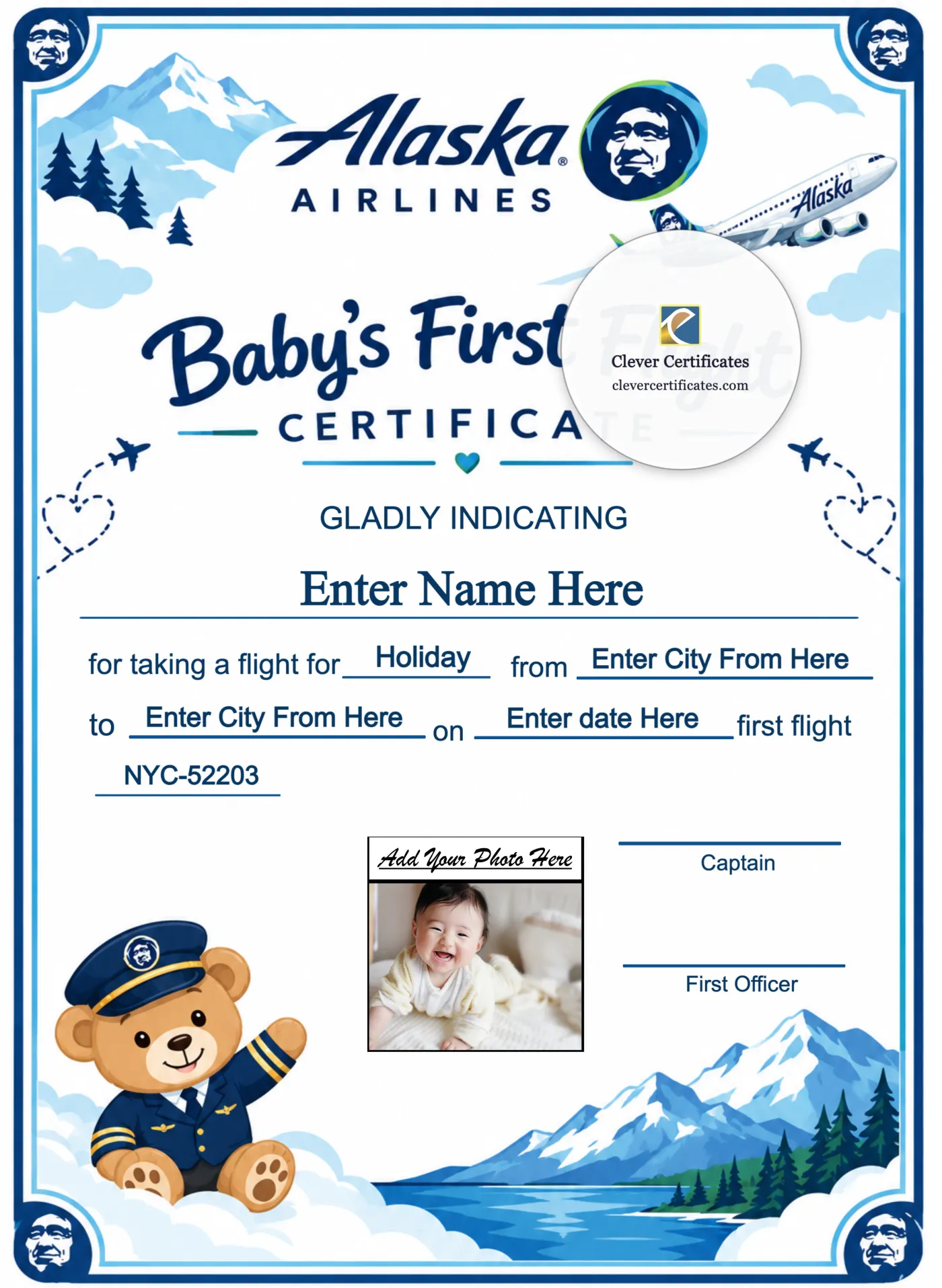 Alaska Airlines Baby First Flight Certificate Portrait — Certificate Template Preview