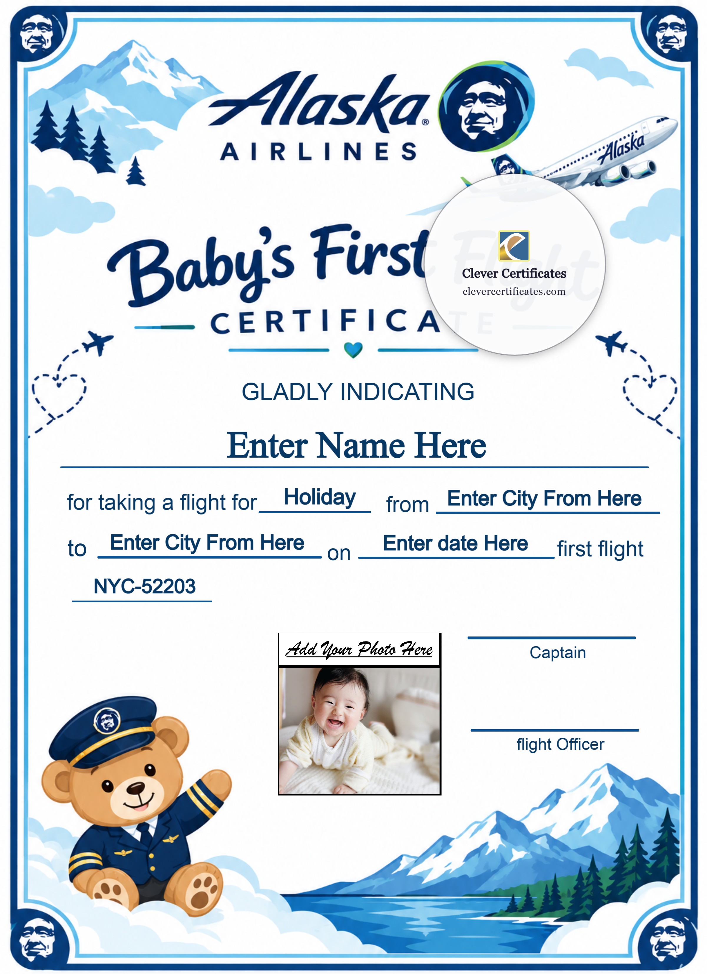Alaska Airlines Baby First Flight Certificate Portrait — Certificate Template Preview