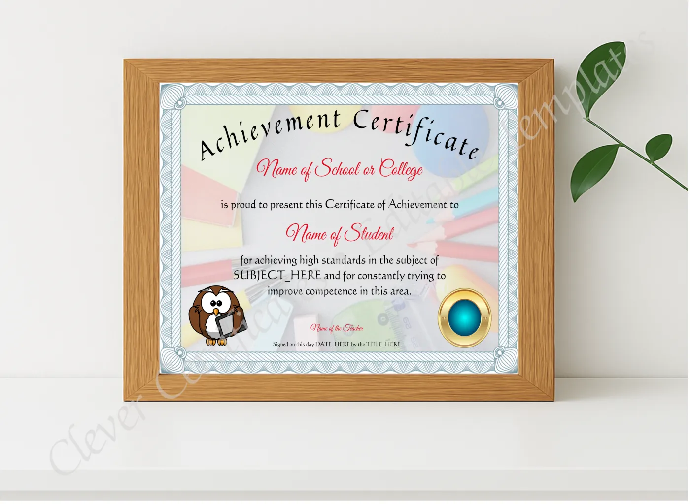 Realistic mockup featuring Achievement Certificate displayed within a modern frame, set against a minimalistic background.