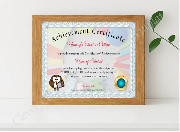 Realistic mockup featuring Achievement Certificate displayed within a modern frame, set against a minimalistic background.