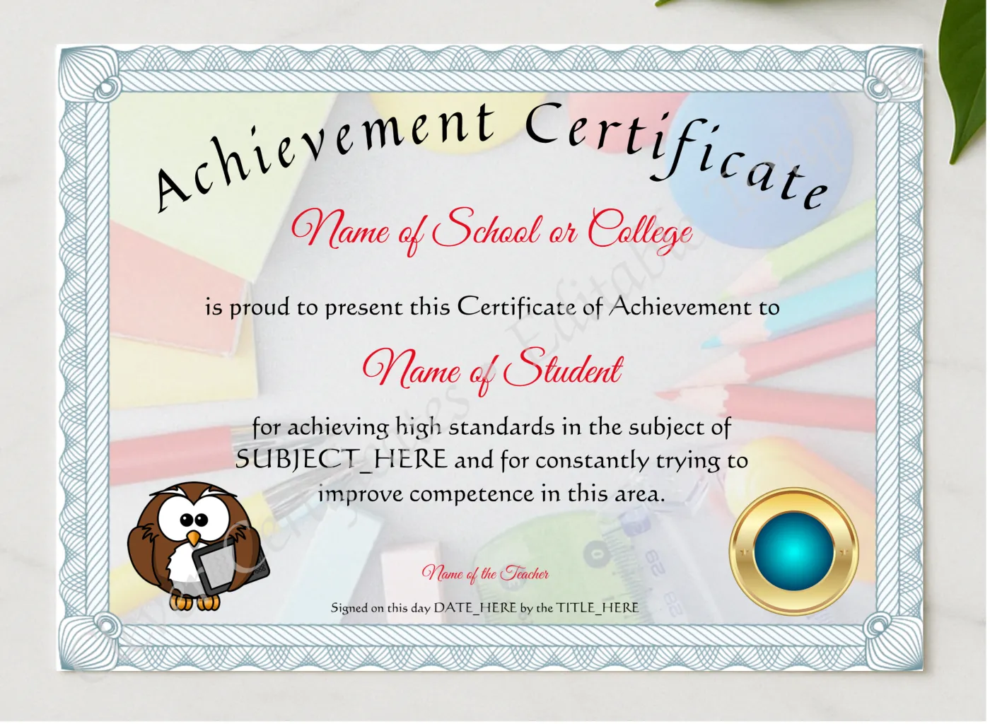 Achievement Certificate presented in a sleek wooden frame, elegantly arranged on a stylish table.