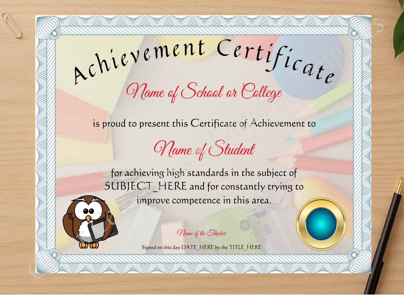 Professional preview of Achievement Certificate certificate on high-quality stationery paper, ideal for showcasing the final look.