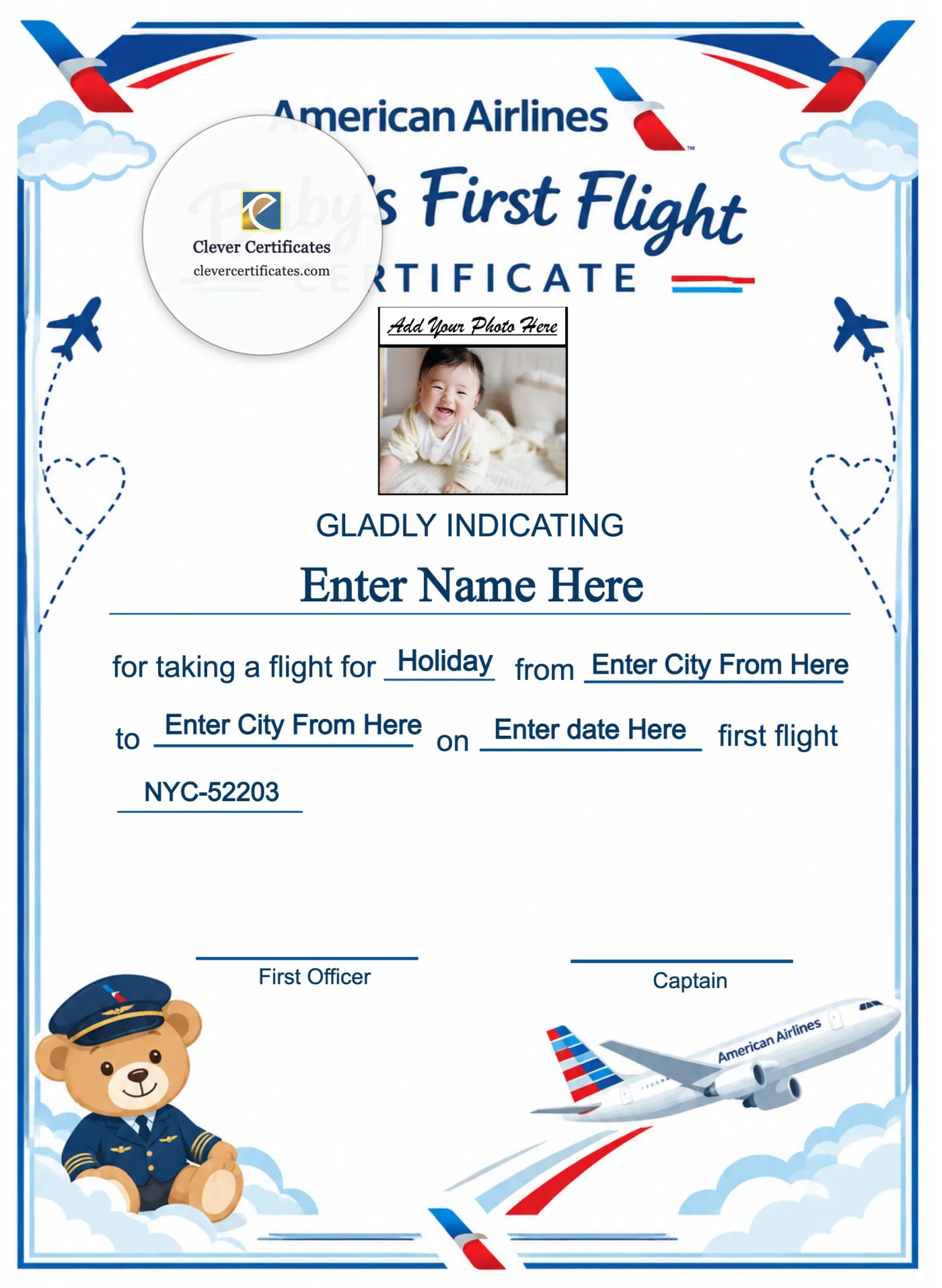 American Airlines Baby First Flight Certificate Portrait — Certificate Template Preview