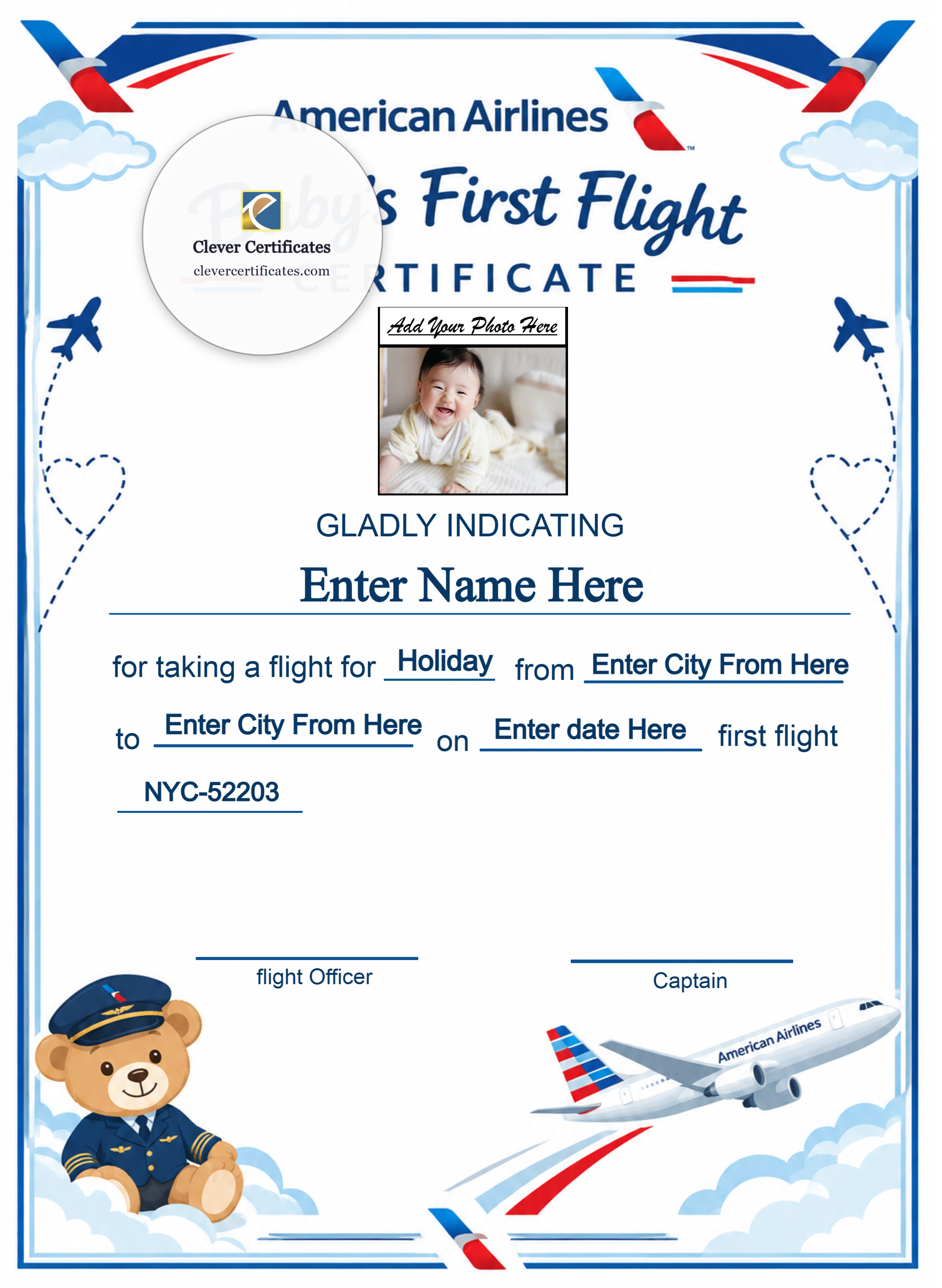American Airlines Baby First Flight Certificate Portrait — Certificate Template Preview