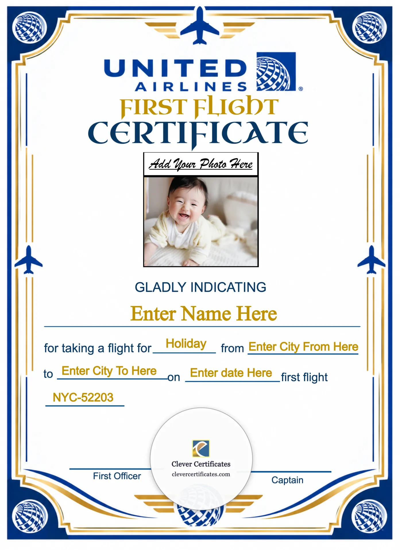 United Airlines Baby First Flight Certificate Portrait — Certificate Template Preview