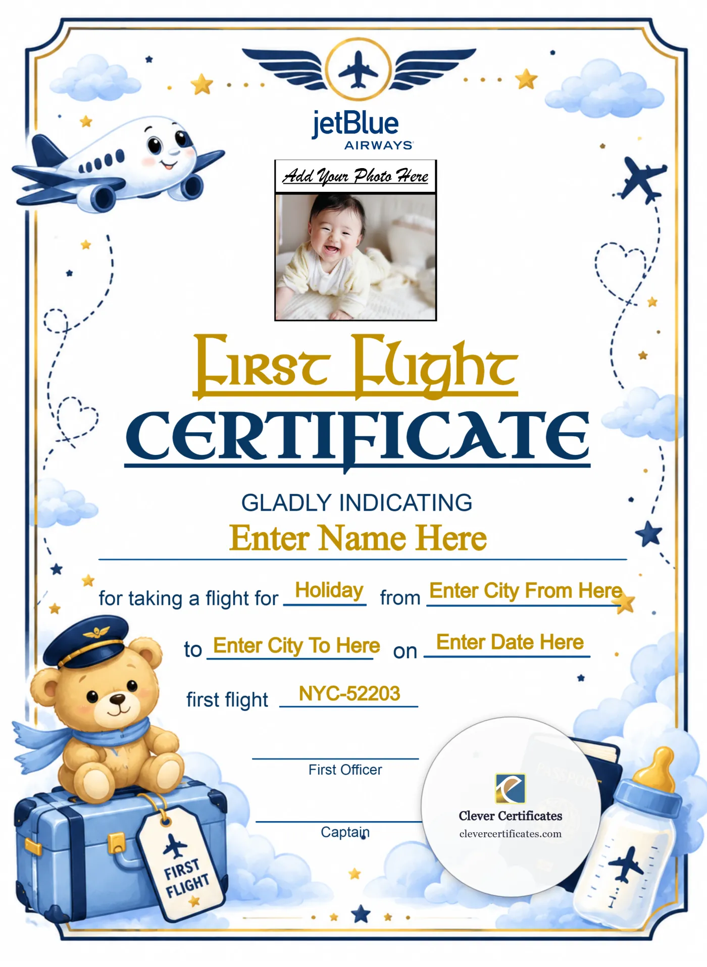 JetBlue Baby First Flight Certificate Portrait — Certificate Template Preview