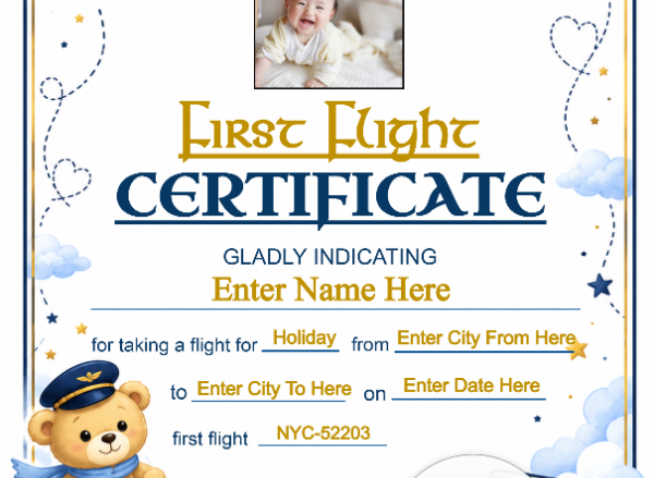 JetBlue Baby First Flight Certificate — Portrait