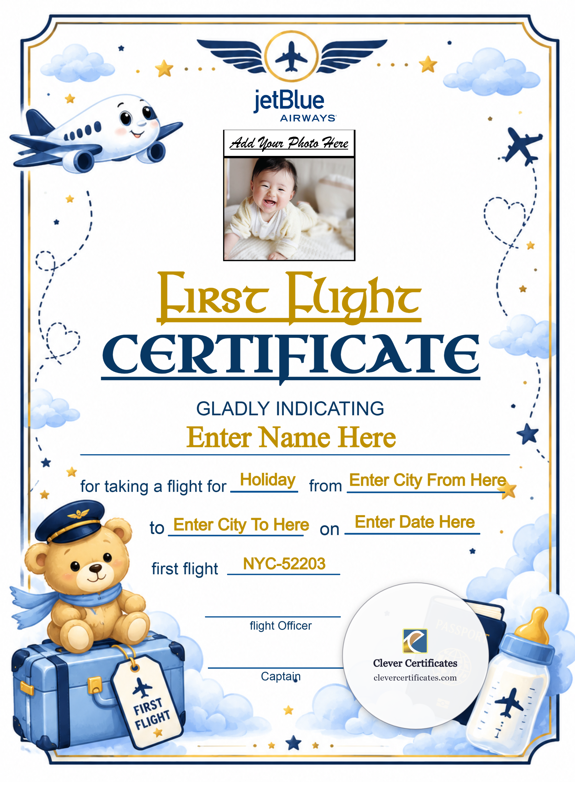 JetBlue Baby First Flight Certificate Portrait — Certificate Template Preview