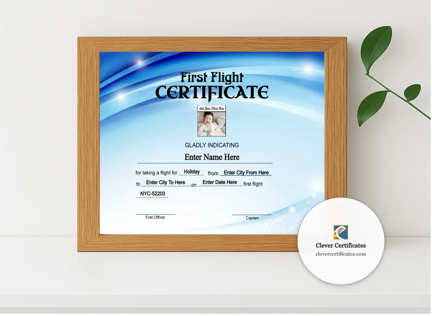Realistic mockup featuring Frontier Airlines Baby First Flight Certificate Landscape displayed within a modern frame, set against a minimalistic background.