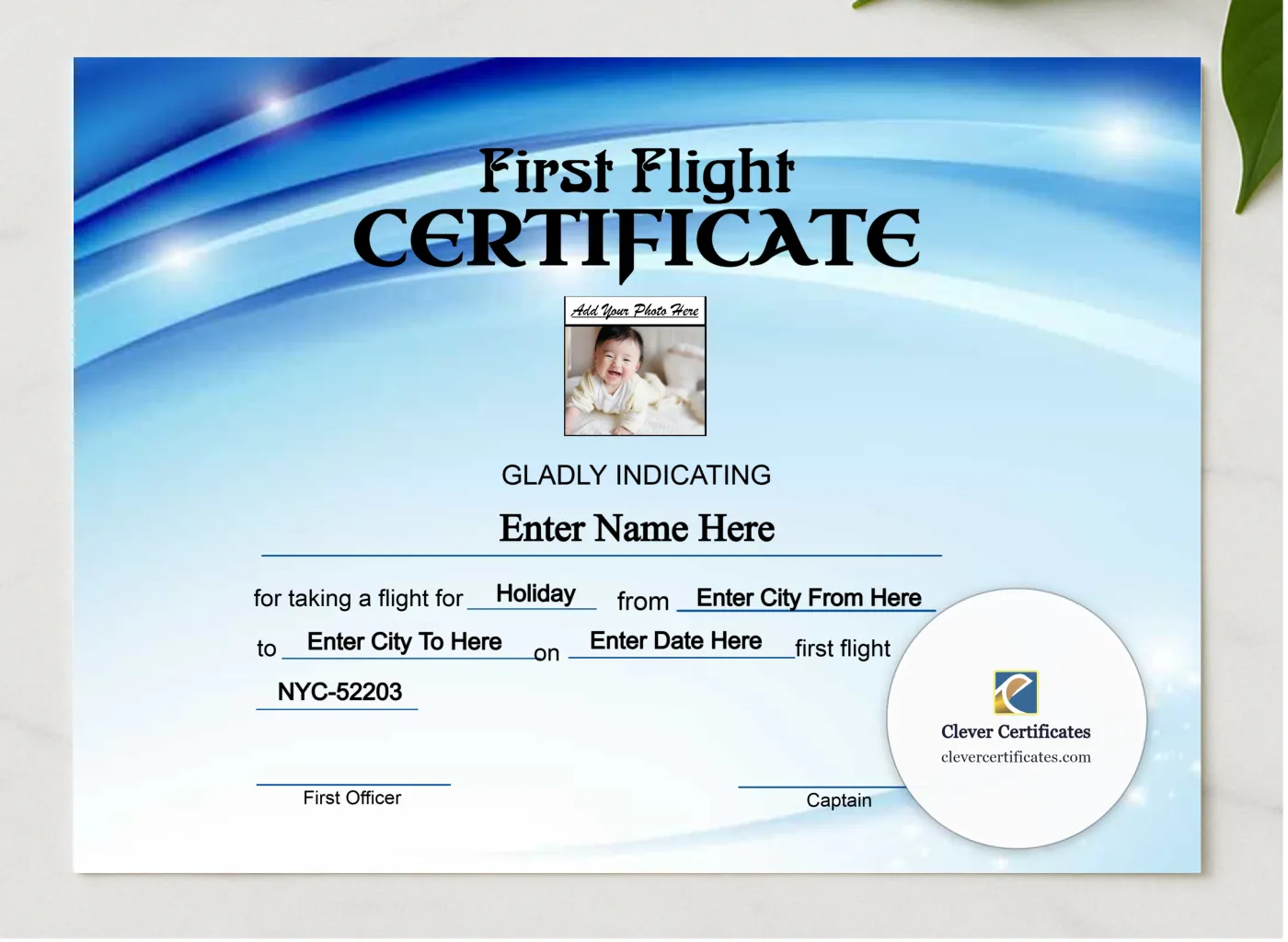 Frontier Airlines Baby First Flight Certificate Landscape presented in a sleek wooden frame, elegantly arranged on a stylish table.