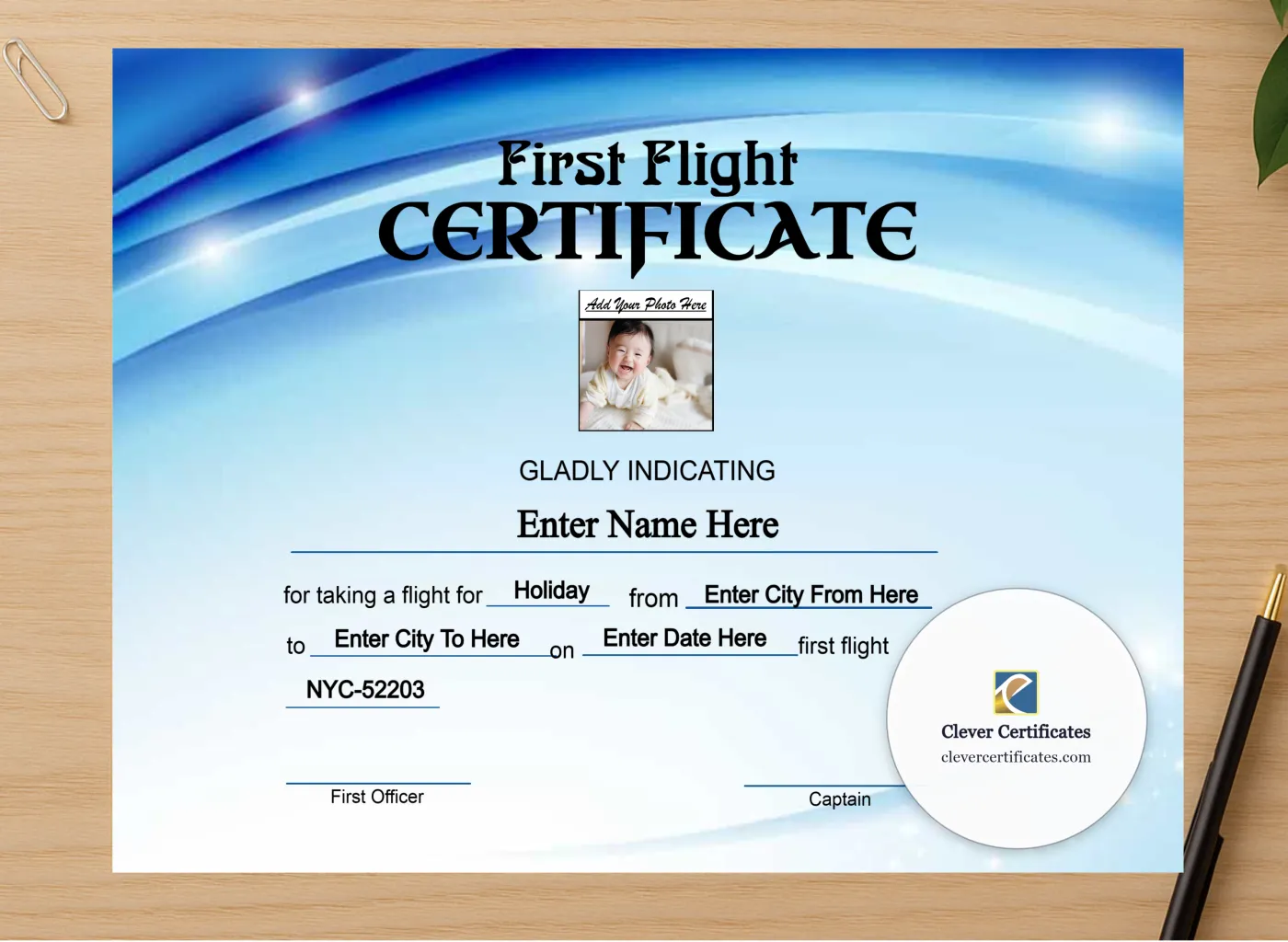 Professional preview of Frontier Airlines Baby First Flight Certificate Landscape certificate on high-quality stationery paper, ideal for showcasing the final look.