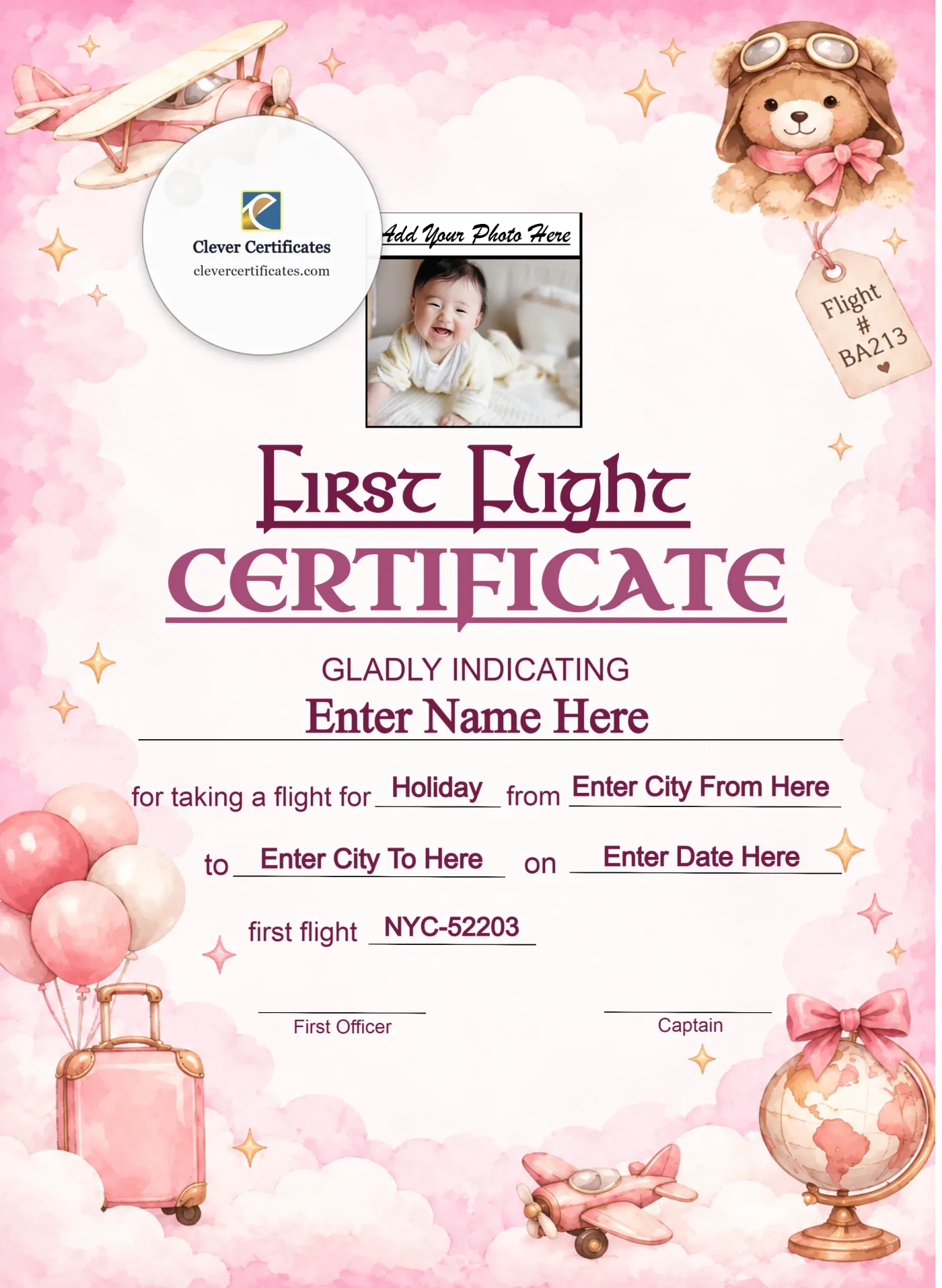 Frontier Airlines Baby First Flight Certificate Portrait — Certificate Template Preview