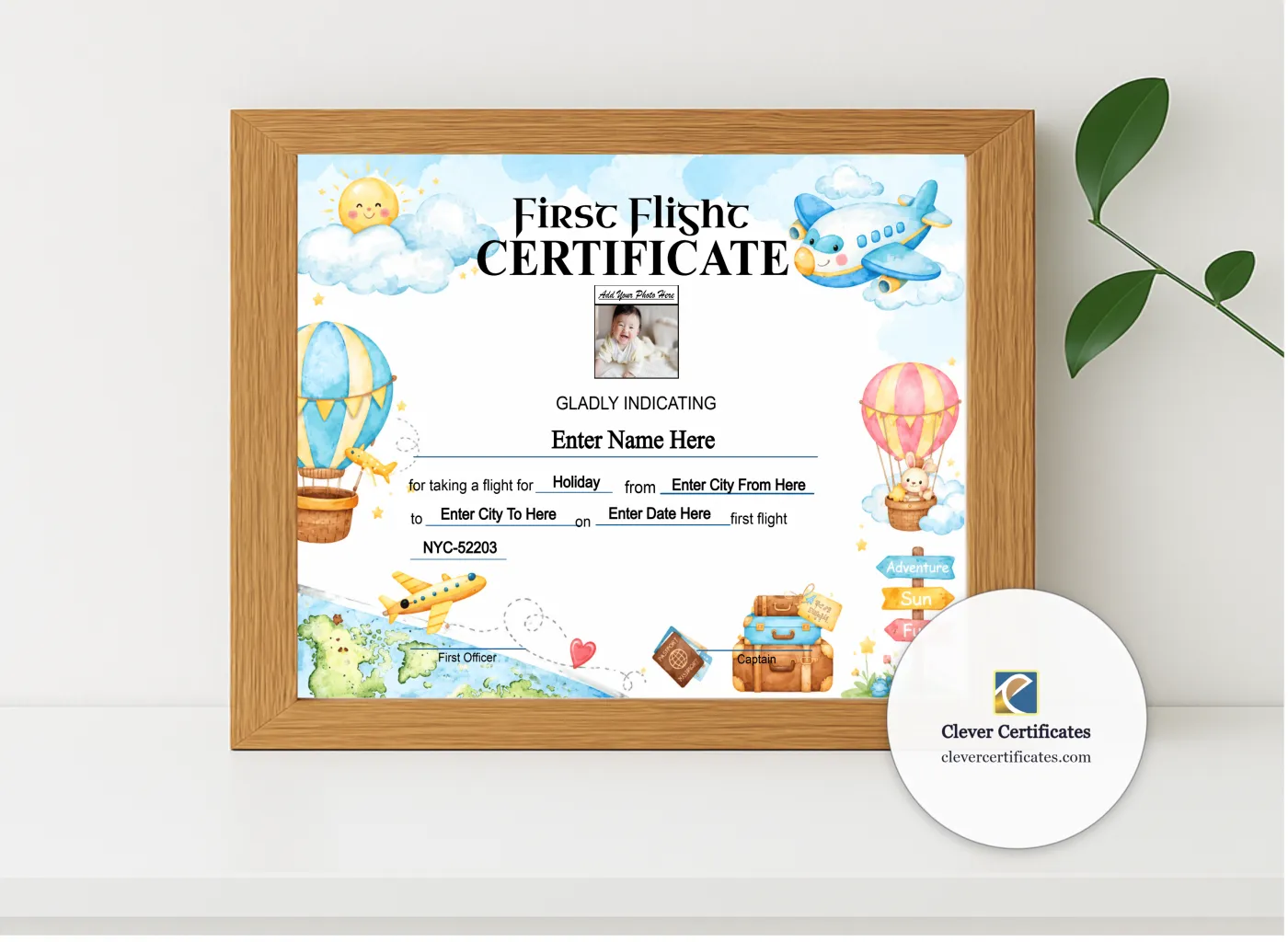 Realistic mockup featuring EasyJet Baby First Flight Certificate Landscape displayed within a modern frame, set against a minimalistic background.