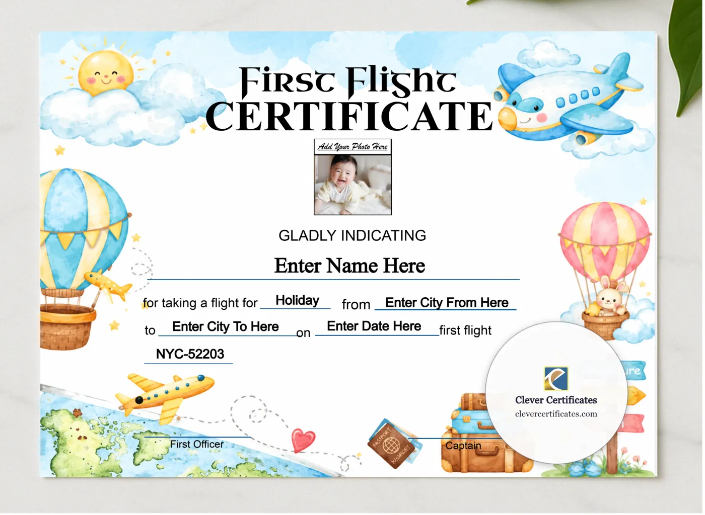 EasyJet Baby First Flight Certificate Landscape presented in a sleek wooden frame, elegantly arranged on a stylish table.