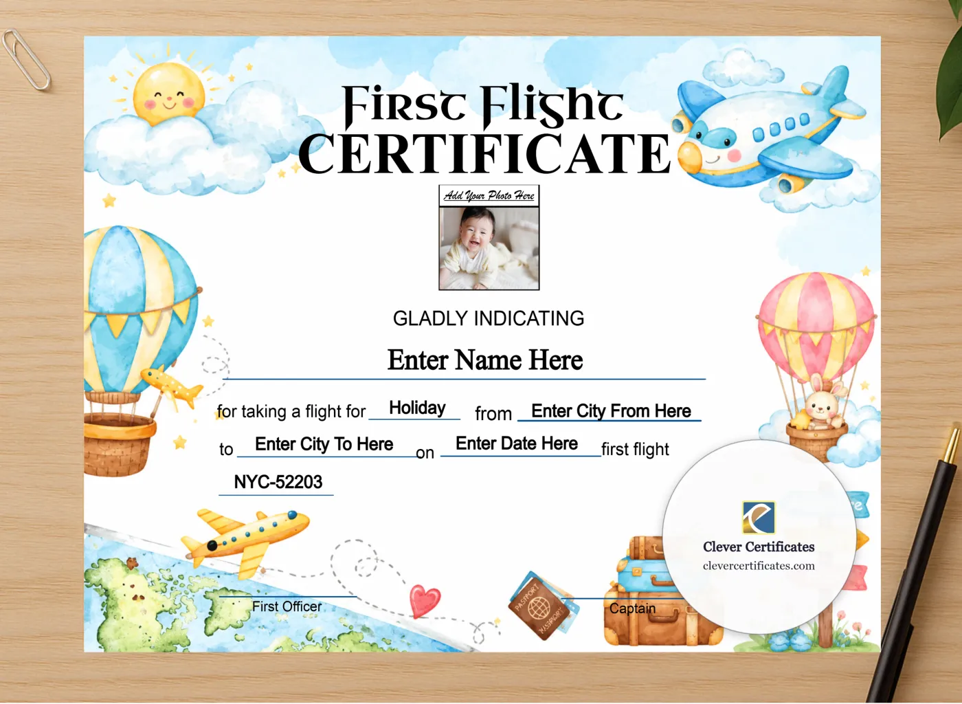 Professional preview of EasyJet Baby First Flight Certificate Landscape certificate on high-quality stationery paper, ideal for showcasing the final look.
