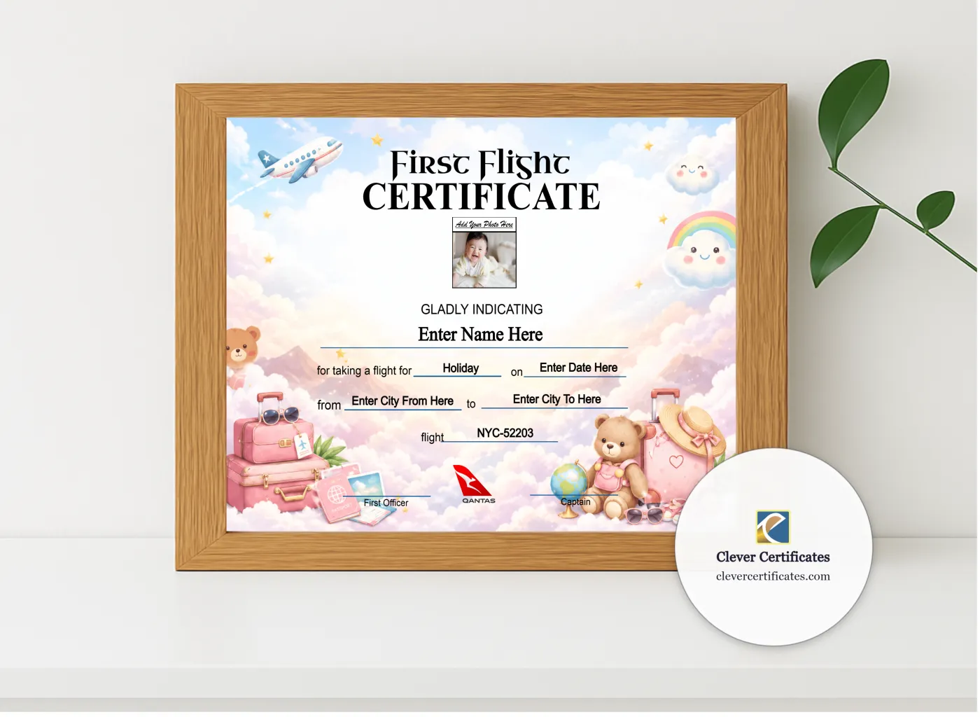 Realistic mockup featuring Qantas Baby First Flight Certificate Landscape displayed within a modern frame, set against a minimalistic background.