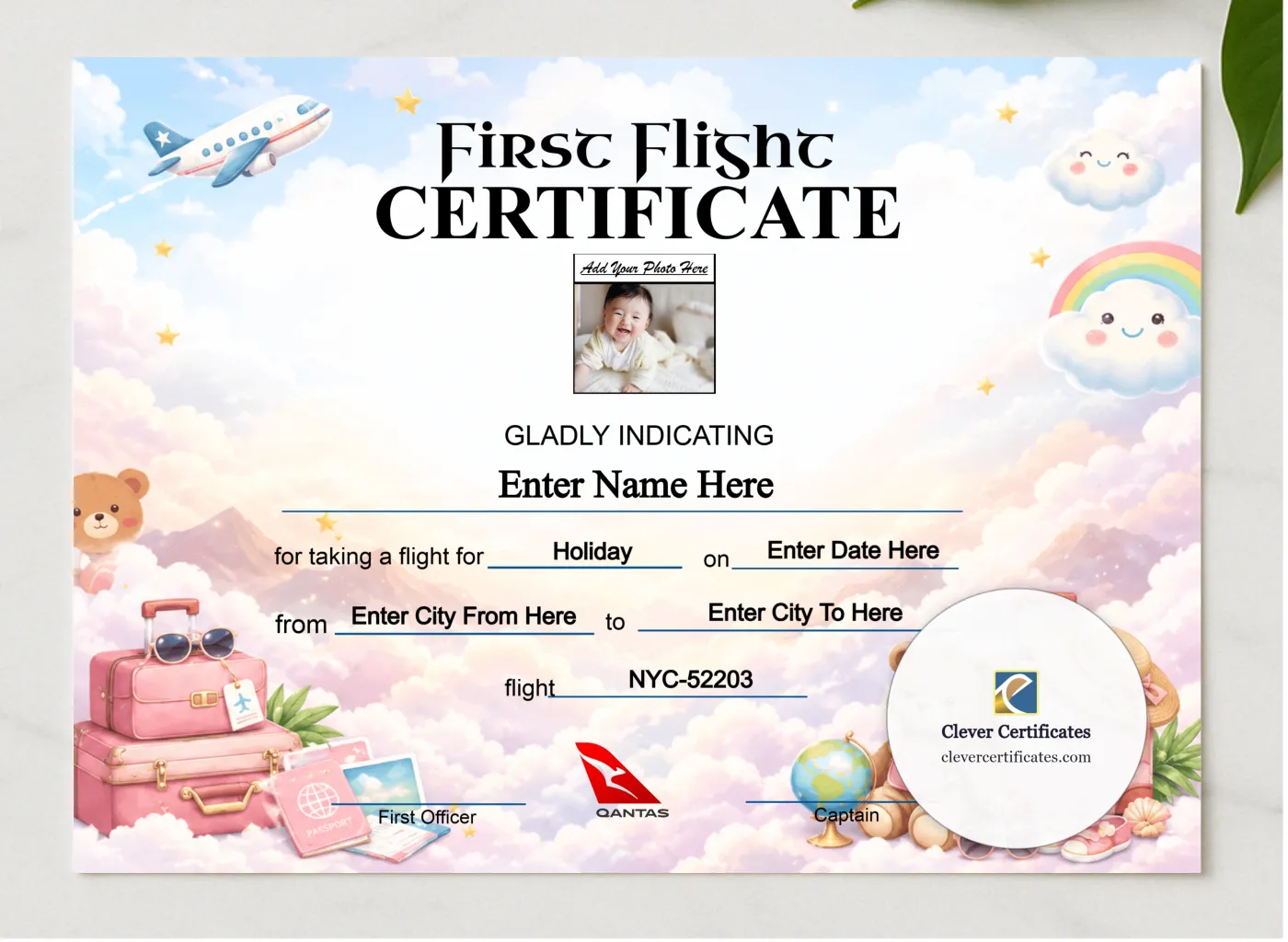 Qantas Baby First Flight Certificate Landscape presented in a sleek wooden frame, elegantly arranged on a stylish table.