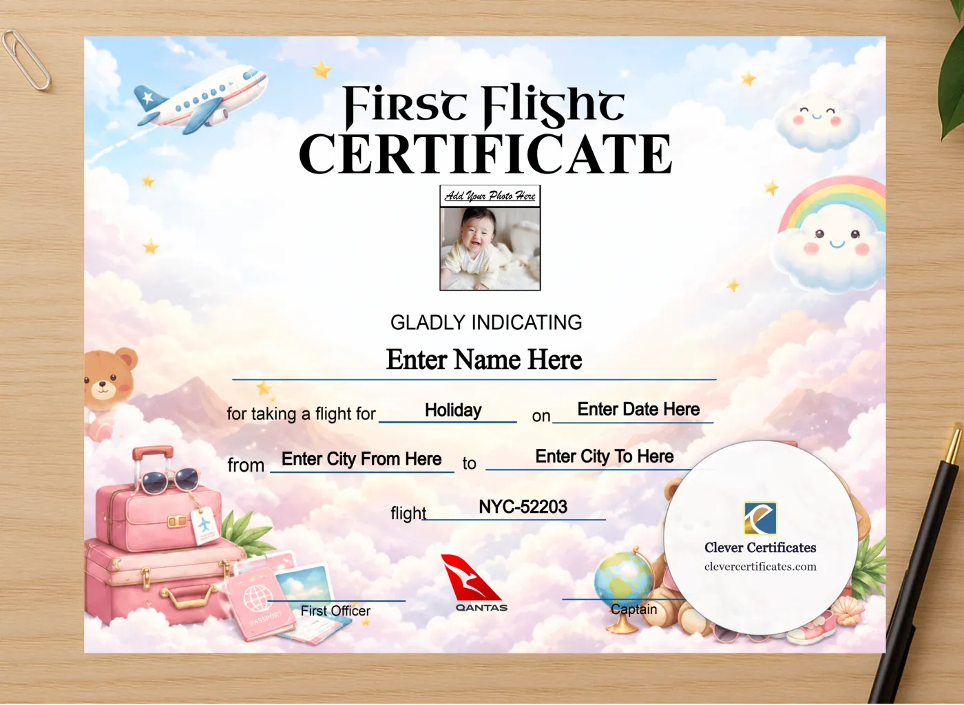 Professional preview of Qantas Baby First Flight Certificate Landscape certificate on high-quality stationery paper, ideal for showcasing the final look.