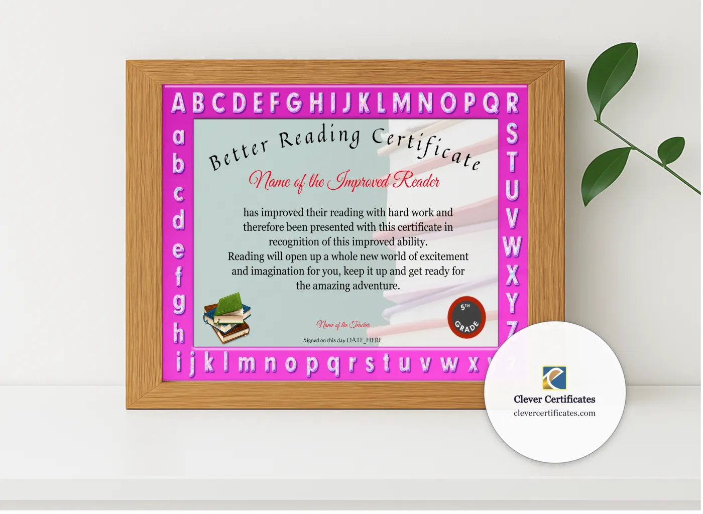Realistic mockup featuring Better Reading Certificate displayed within a modern frame, set against a minimalistic background.
