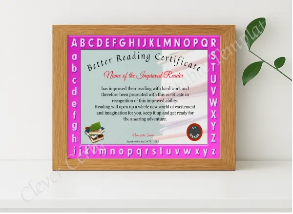 Realistic mockup featuring Better Reading Certificate displayed within a modern frame, set against a minimalistic background.