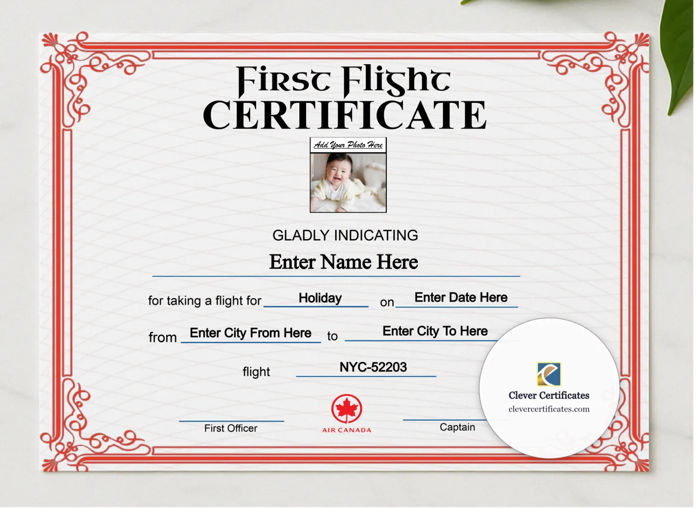 Air Canada Baby First Flight Certificate Landscape presented in a sleek wooden frame, elegantly arranged on a stylish table.