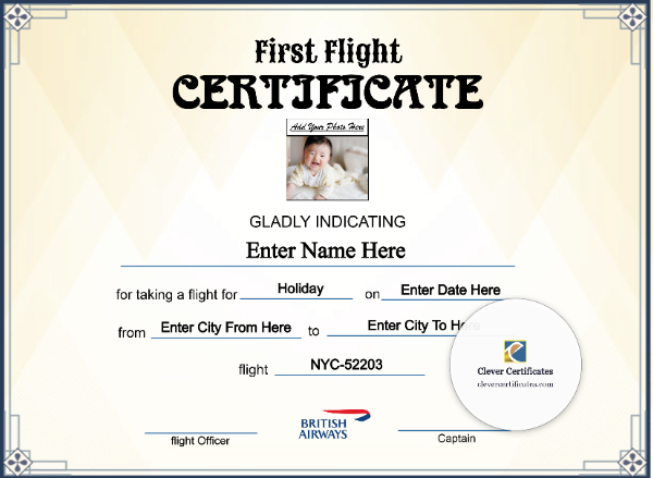 British Airways Baby First Flight Certificate — Landscape