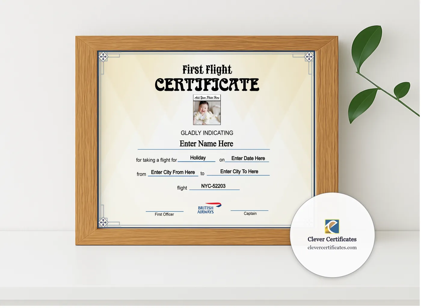 Realistic mockup featuring British Airways Baby First Flight Certificate Landscape displayed within a modern frame, set against a minimalistic background.