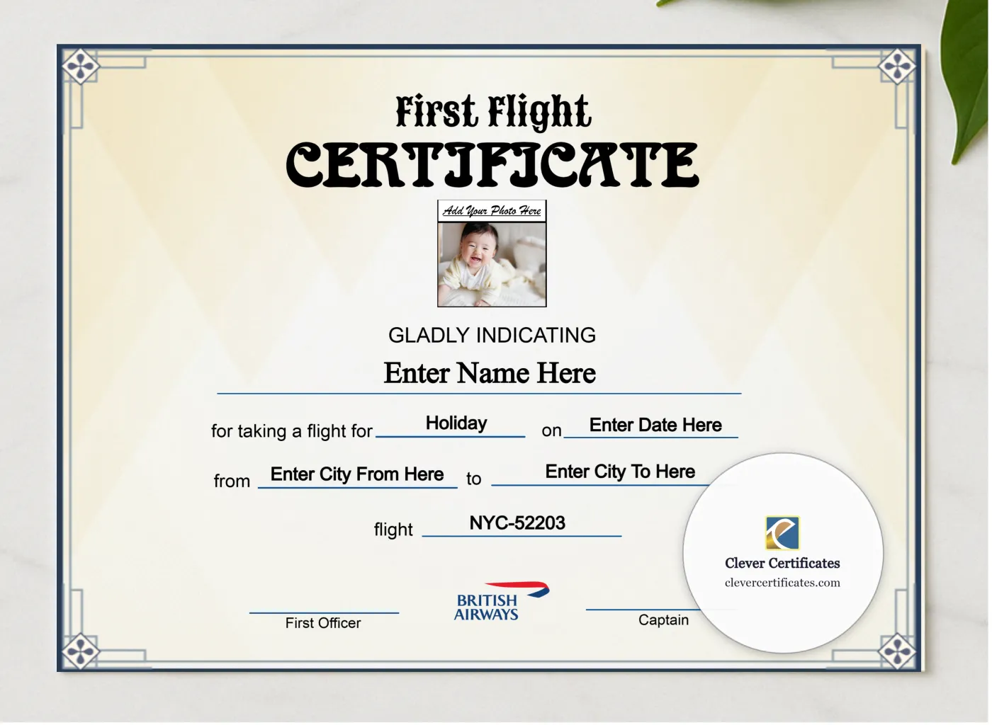 British Airways Baby First Flight Certificate Landscape presented in a sleek wooden frame, elegantly arranged on a stylish table.