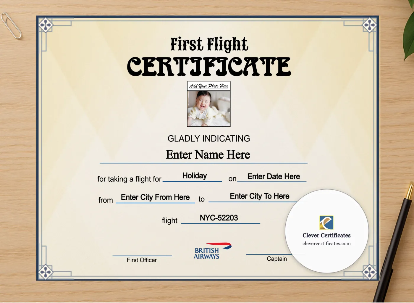 Professional preview of British Airways Baby First Flight Certificate Landscape certificate on high-quality stationery paper, ideal for showcasing the final look.
