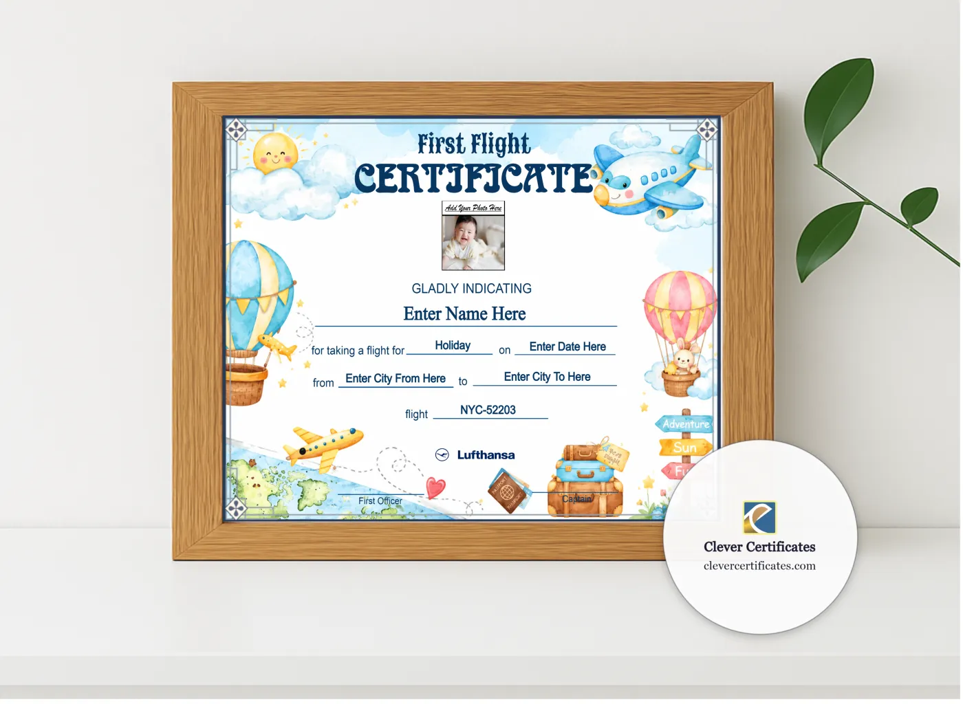 Realistic mockup featuring Lufthansa Baby First Flight Certificate Landscape displayed within a modern frame, set against a minimalistic background.