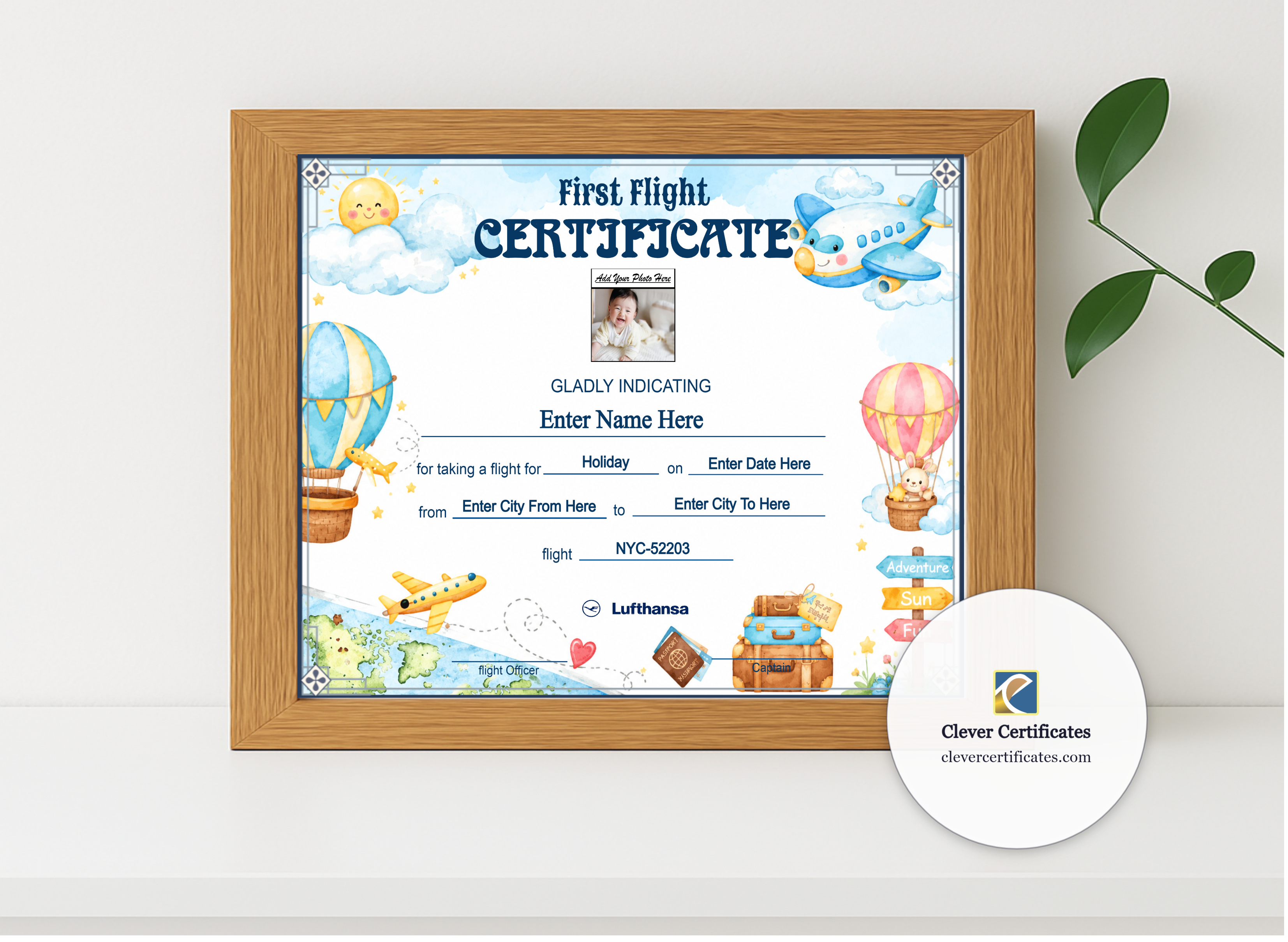 Realistic mockup featuring Lufthansa Baby First Flight Certificate Landscape displayed within a modern frame, set against a minimalistic background.