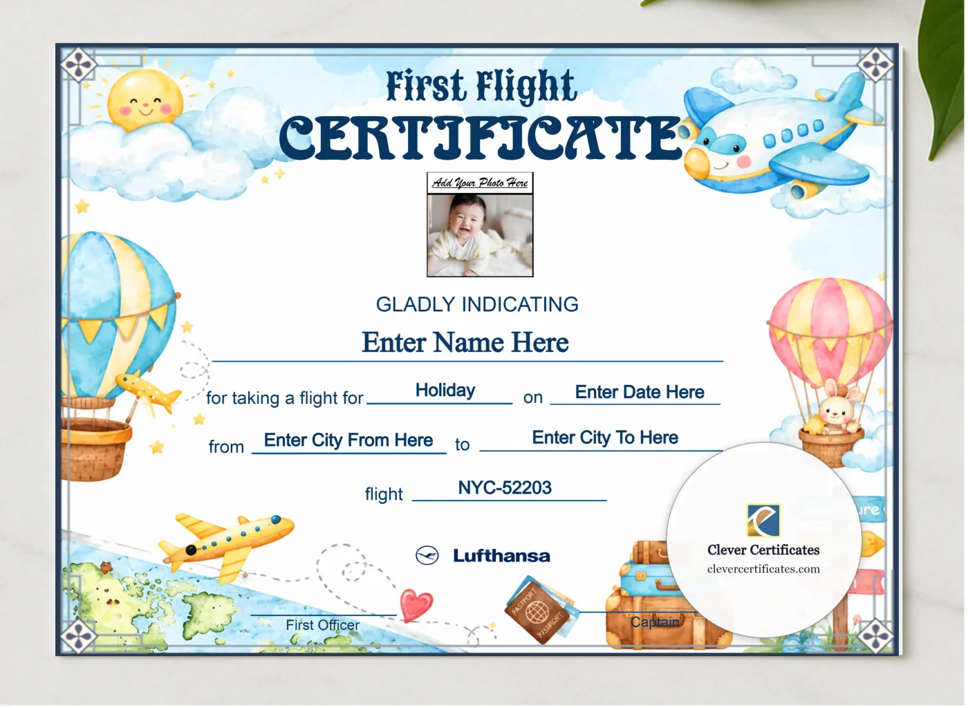 Lufthansa Baby First Flight Certificate Landscape presented in a sleek wooden frame, elegantly arranged on a stylish table.