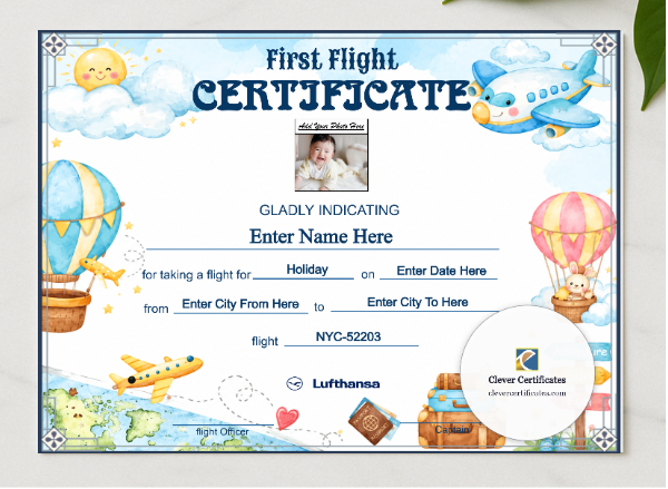 Lufthansa Baby First Flight Certificate Landscape presented in a sleek wooden frame, elegantly arranged on a stylish table.