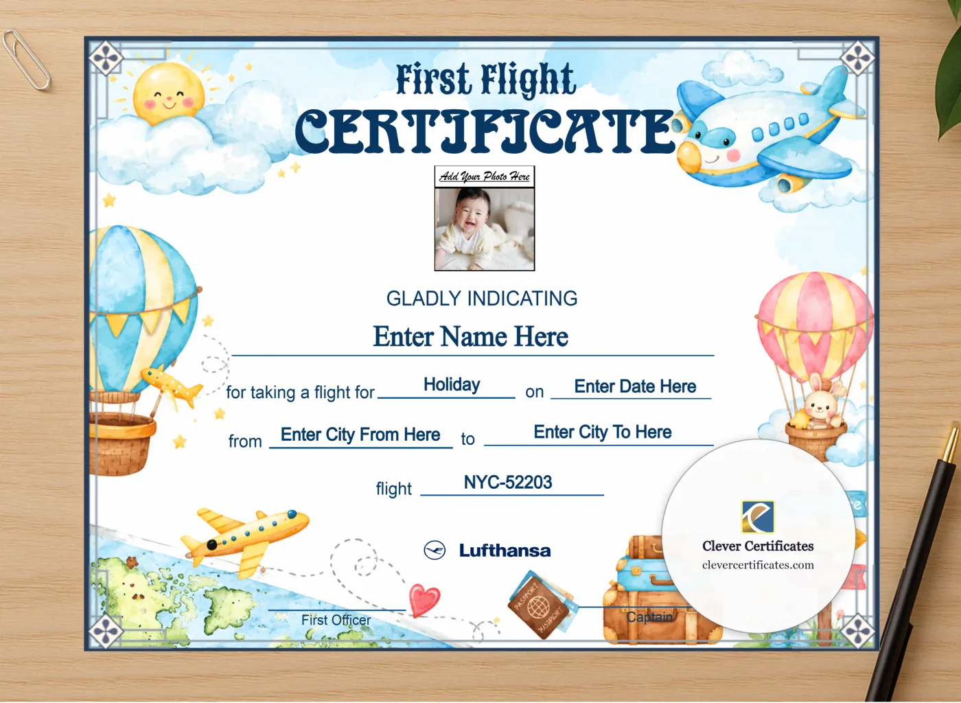 Professional preview of Lufthansa Baby First Flight Certificate Landscape certificate on high-quality stationery paper, ideal for showcasing the final look.