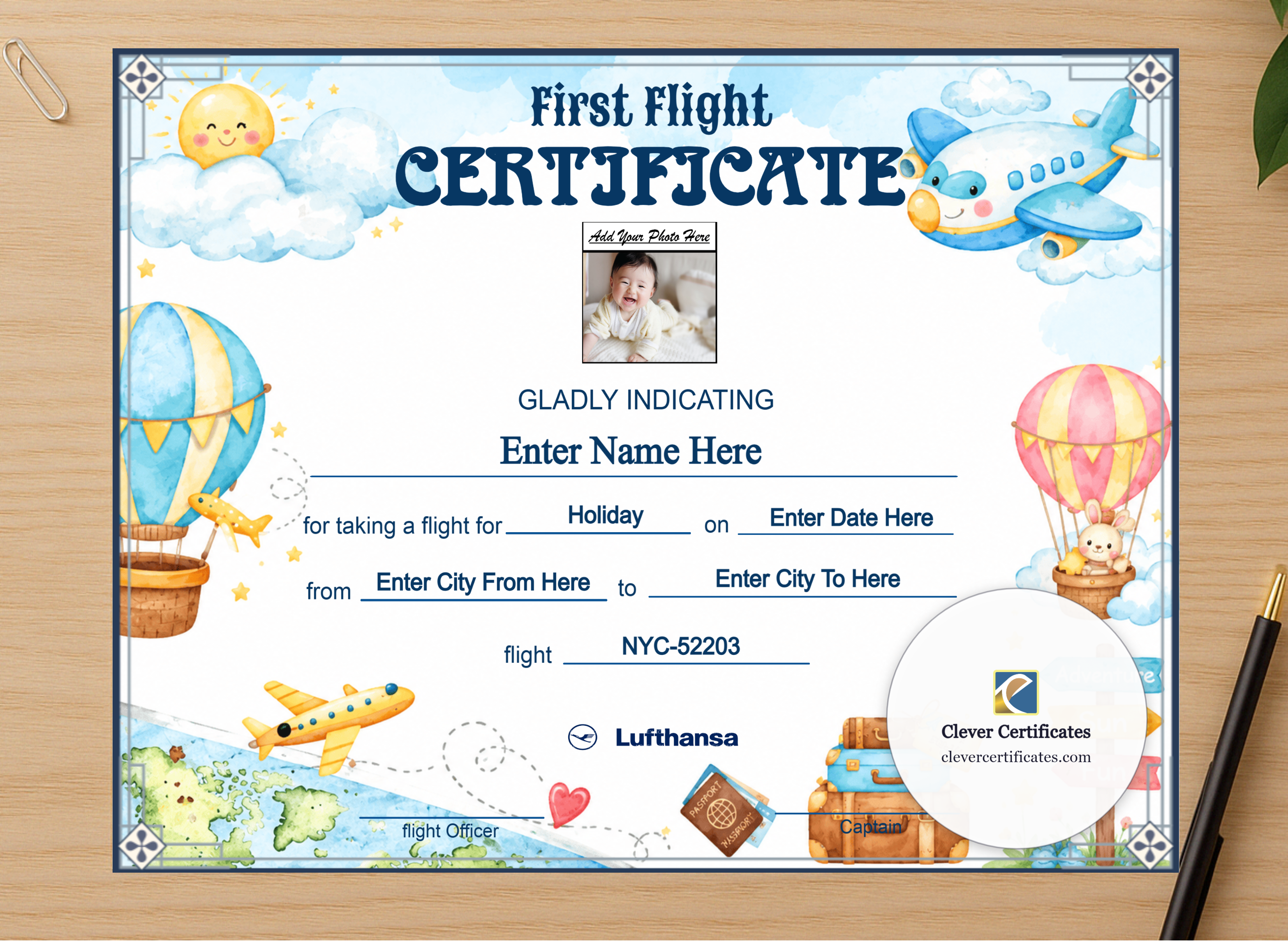 Professional preview of Lufthansa Baby First Flight Certificate Landscape certificate on high-quality stationery paper, ideal for showcasing the final look.