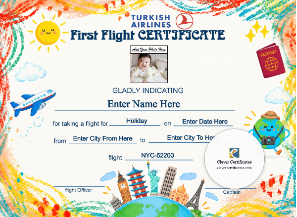 Turkish Airlines Baby First Flight Certificate — Landscape