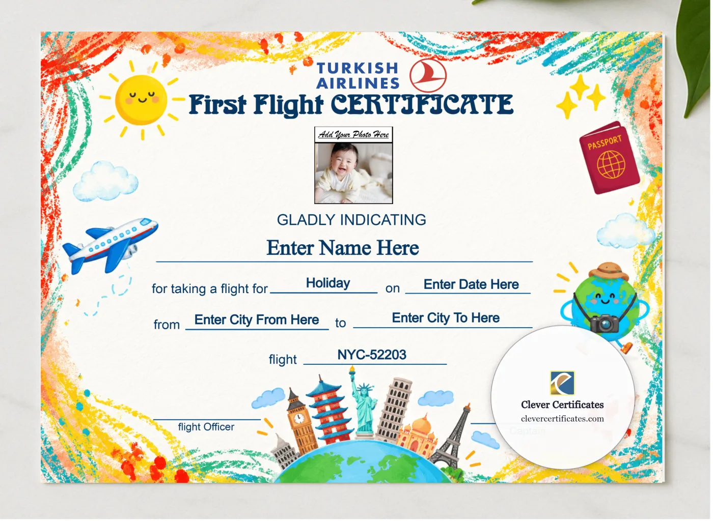 Turkish Airlines Baby First Flight Certificate Landscape presented in a sleek wooden frame, elegantly arranged on a stylish table.