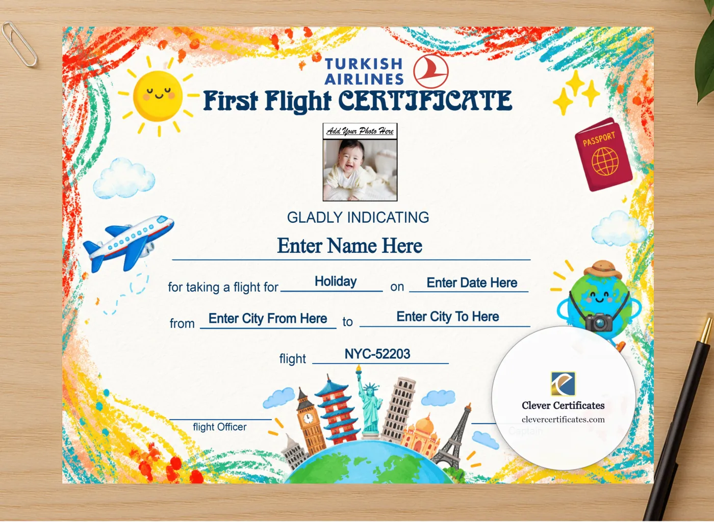 Professional preview of Turkish Airlines Baby First Flight Certificate Landscape certificate on high-quality stationery paper, ideal for showcasing the final look.