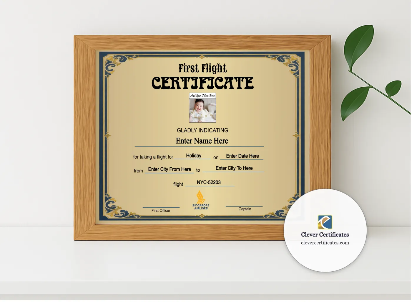 Realistic mockup featuring Singapore Airlines Baby First Flight Certificate Landscape displayed within a modern frame, set against a minimalistic background.
