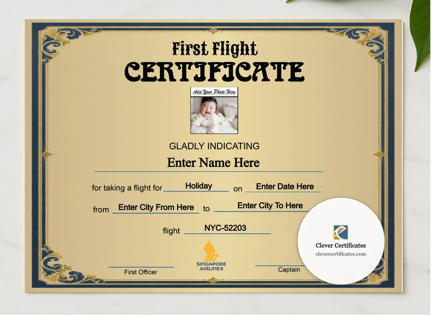Singapore Airlines Baby First Flight Certificate Landscape presented in a sleek wooden frame, elegantly arranged on a stylish table.