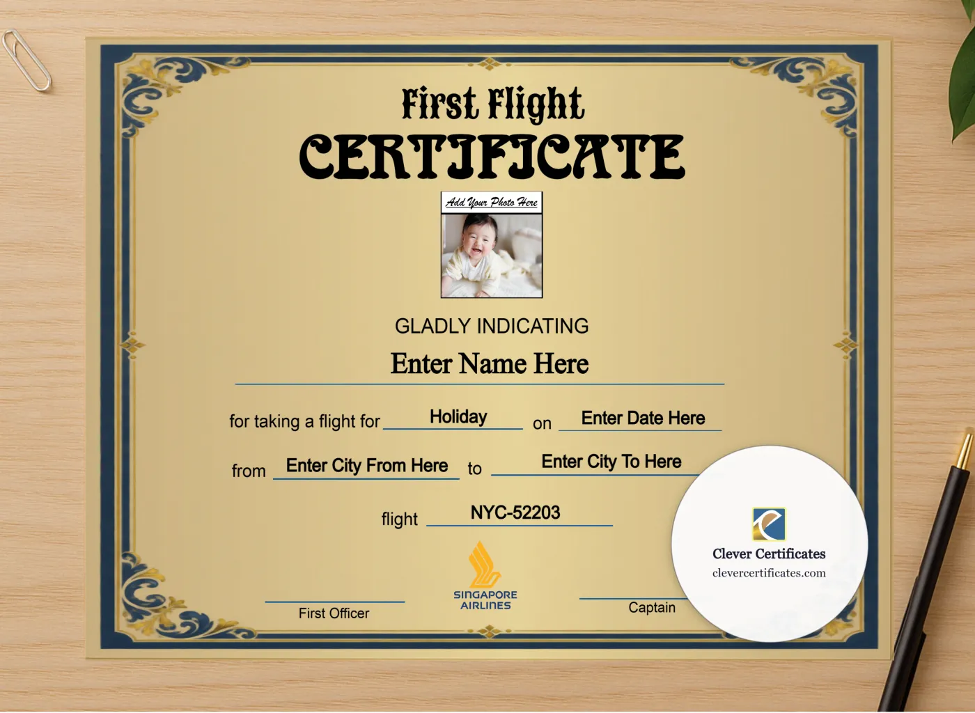 Professional preview of Singapore Airlines Baby First Flight Certificate Landscape certificate on high-quality stationery paper, ideal for showcasing the final look.