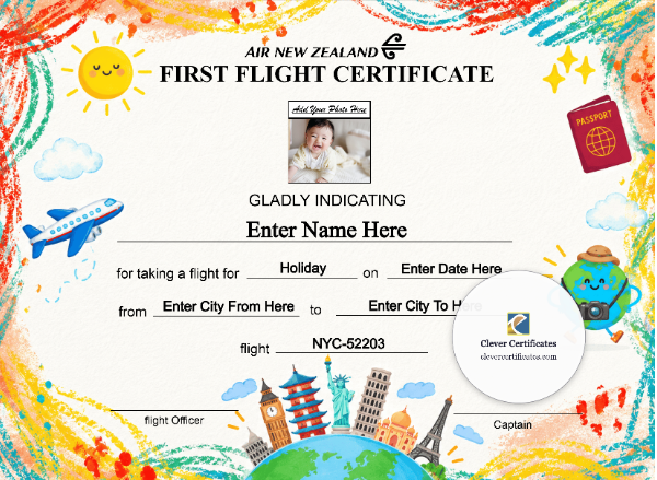 Air New Zealand Baby First Flight Certificate — Landscape